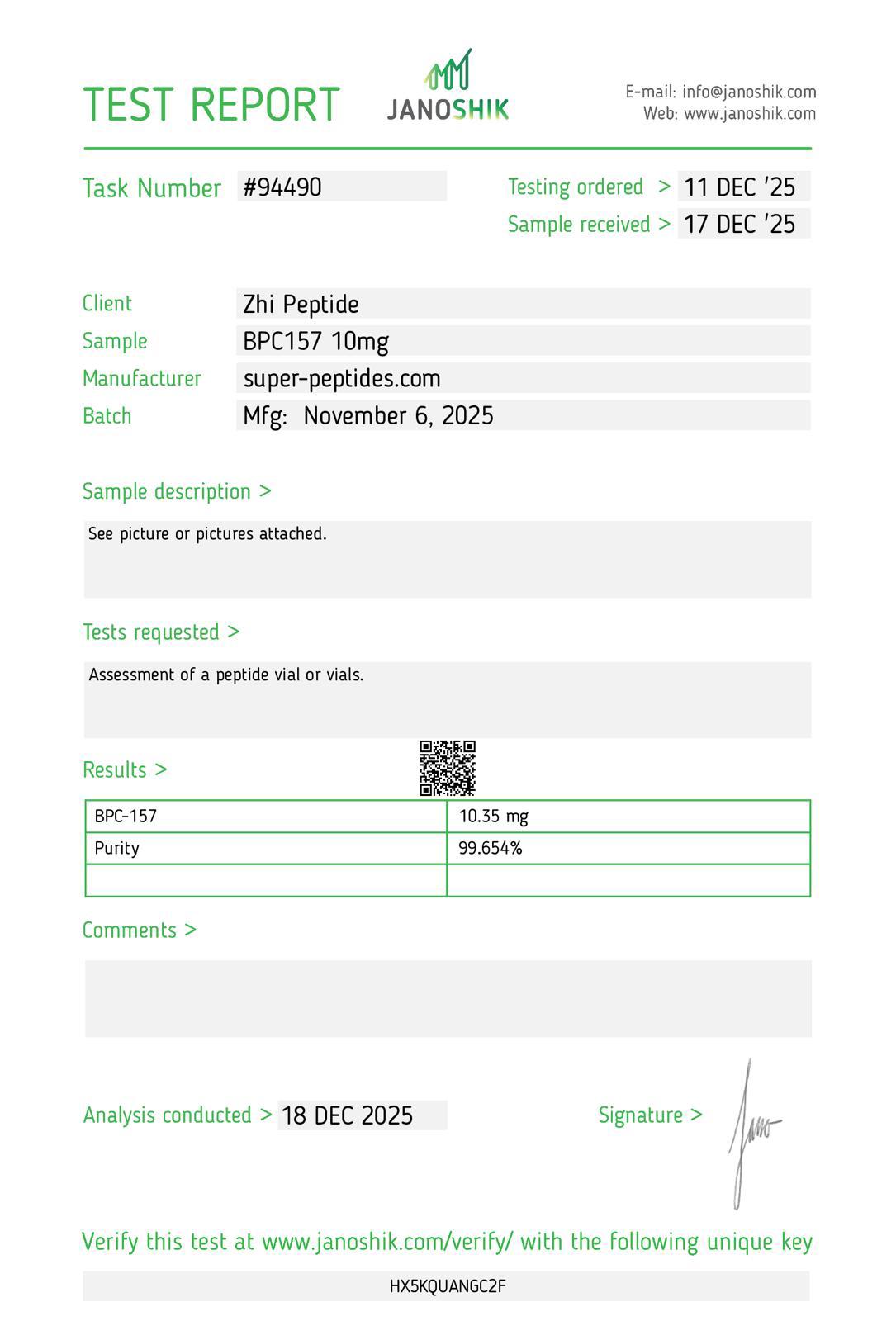 COA BPC-157 Janoshik