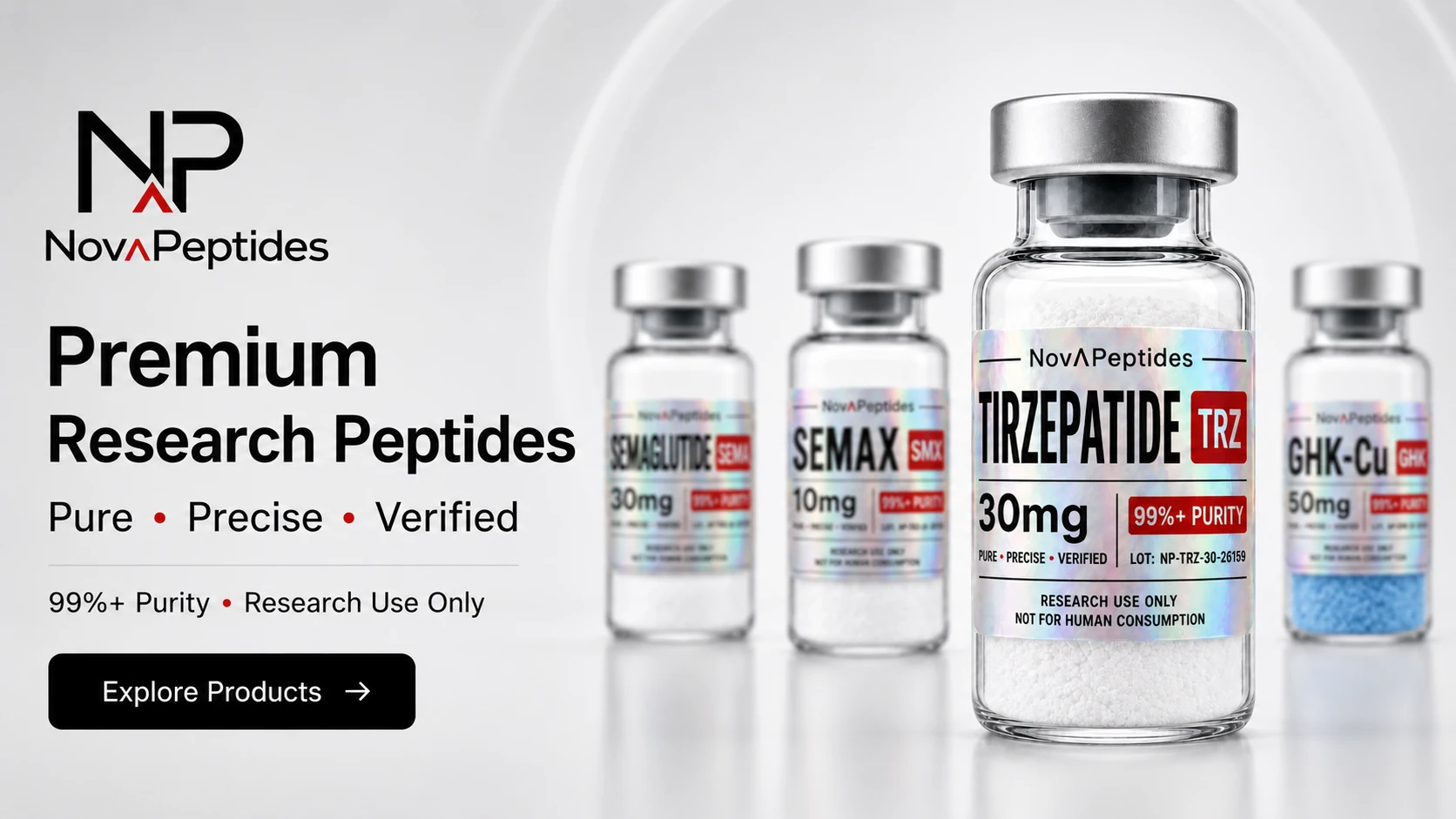 Nova Peptides · Premium Research Peptides · viales reales con QR de verificación